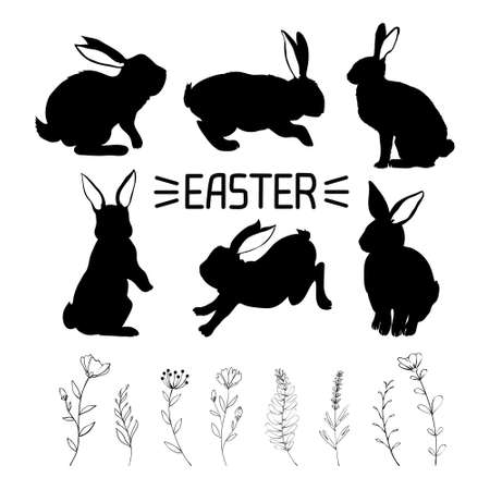 Rabbit and Hare Easter collection set - vector silhouette. Can be used as a stencil or template for festive decorations, postcards, shop windows, logos, etc.のイラスト素材