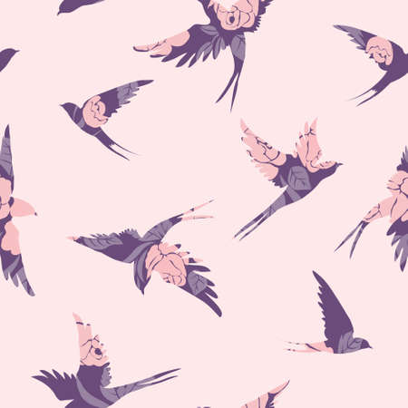 Seamless pattern of swallow silhouettes. Flying birds in different angles. An element of vector design.のイラスト素材