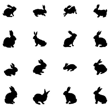 Rabbit and Hare Easter collection set - vector silhouette. Can be used as a stencil or template for festive decorations, postcards, shop windows, logos, etc.のイラスト素材