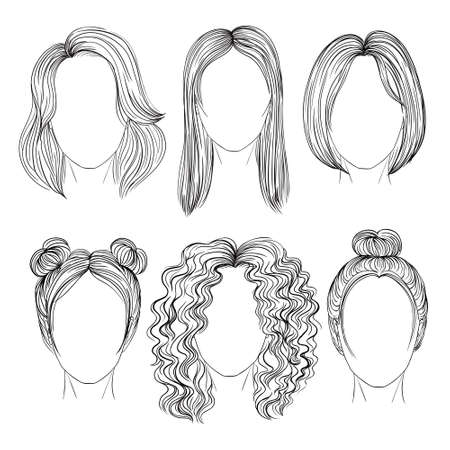 set of different hair and hairstyle. pencil drawing sketch. vector illustrationのイラスト素材