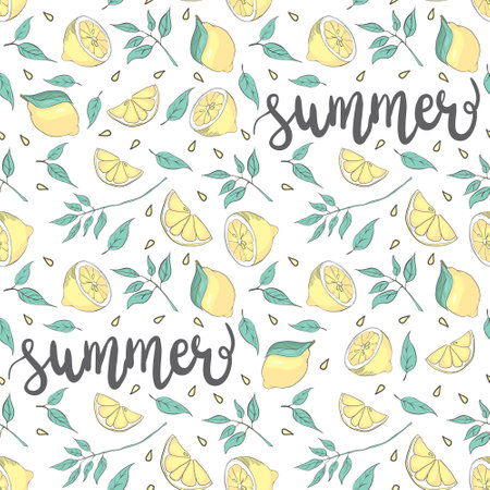 Fresh lemons background, hand drawn icons. Doodle wallpaper vector. Colorful seamless pattern with fresh fruits collection. Decorative illustration, good for printingのイラスト素材