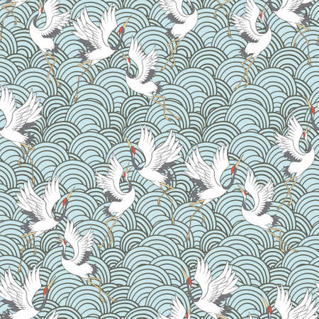 Decorative kimono floral motif background pattern with crane and flowers vector illustrationのイラスト素材