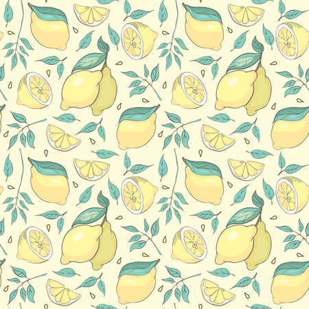 Fresh lemons background, hand drawn icons. Doodle wallpaper vector. Colorful seamless pattern with fresh fruits collection. Decorative illustration, good for printingのイラスト素材