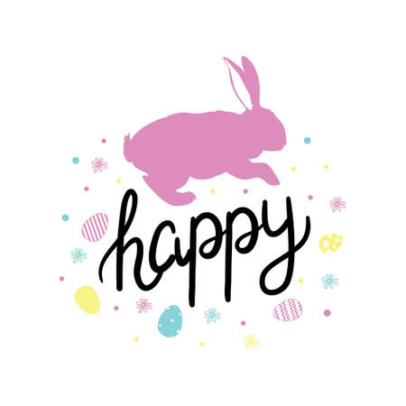 Happy Easter greeting card with calligraphic inscription and eggs. Happy Easter lettering. Hand drew easter elements wreath eggs in the white background. vector illustration.のイラスト素材