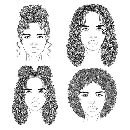 set of different hair and hairstyle. pencil drawing sketch. vector illustrationのイラスト素材