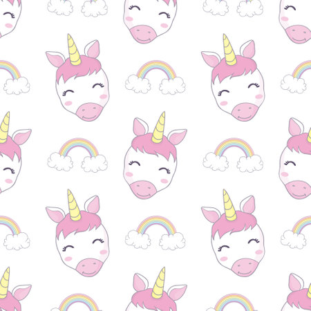 seamless pattern with cartoon unicorns, rainbows, clouds, decor elements on a neutral background. Colorful vector flat style for kids. Animals. hand drawing. baby design for fabric, print, wrapperのイラスト素材