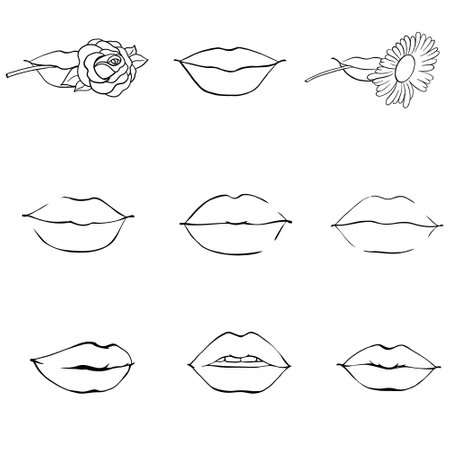 Set of sketches vector illustrations-Mouth with teeth. Female lips isolated on a white background. Perfect for invitations, greeting cards, quotes, blogs, posters.のイラスト素材