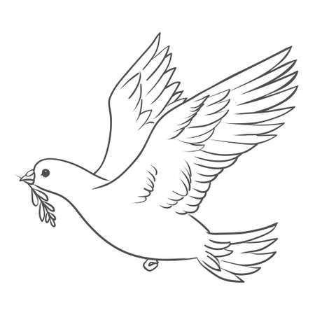 Peace dove with olive branch in the beak flying and hands down. vector illustrationのイラスト素材