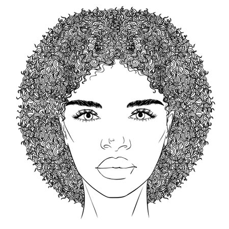 Black African American girl woman beautiful lady head face vector silhouette drawing illustration with curly hair isolated on white background.のイラスト素材