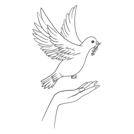 Peace dove with olive branch in the beak flying and hands down. vector illustrationのイラスト素材