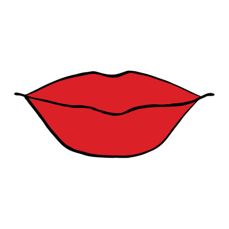 Cartoon red glossy female lips. lip line drawing. Woman gloss lipstick pattern. Flat vector icon. Kiss smile or girl mouth. Mouth talking talk speaking. sexy or love.のイラスト素材