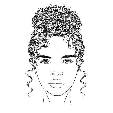 Black African American girl woman beautiful lady head face vector silhouette drawing illustration with curly hair isolated on white background.のイラスト素材