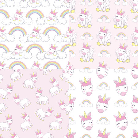 Seamless pattern unicorn fairy cartoon cute Pony Child jumpin Perfect for Nursery kids,greeting card,baby shower girl,fabric.のイラスト素材