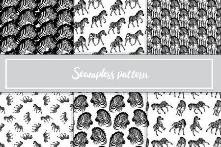 Set of seamless patterns with hand drawn animal silhouettes. Black and white vector illustration.の写真素材