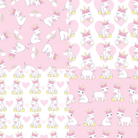 Seamless pattern unicorn fairy cartoon cute Pony Child jumpin Perfect for Nursery kids,greeting card,baby shower girl,fabric.のイラスト素材