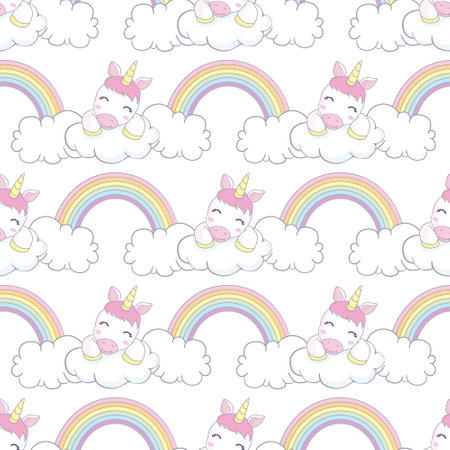 seamless pattern with cartoon unicorns, rainbows, clouds, decor elements on a neutral background. Colorful vector flat style for kids. Animals. hand drawing. baby design for fabric, print, wrapperのイラスト素材