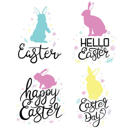Easter elements, lovely bunnies, Easter eggs, flowers and chicken, great for decoration flyers, banners, wallpapers, print products - vector designのイラスト素材