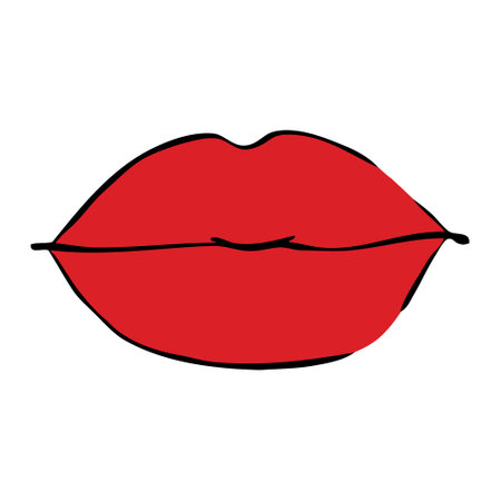 Cartoon red glossy female lips. lip line drawing. Woman gloss lipstick pattern. Flat vector icon. Kiss smile or girl mouth. Mouth talking talk speaking. sexy or love.のイラスト素材