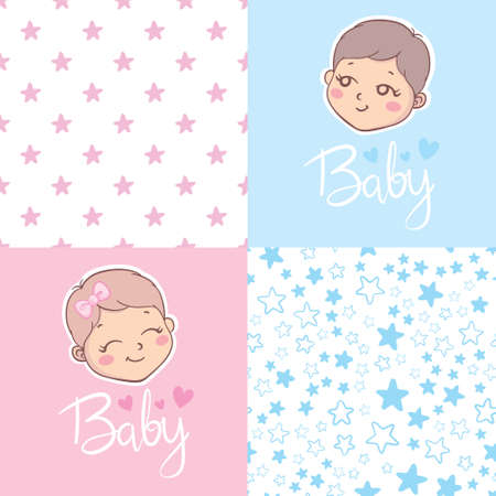 A set of ready-made designs for newborns. This is a boy. It's a girl. Vector illustration. Set of postcards and backgrounds.のイラスト素材