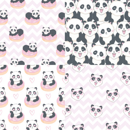 Set of greeting card and seamless pattern with hand drawn cute pandas and hearts for Valentine's Day, Mother's Day, Father's Day, birthday, wedding. Vector.のイラスト素材