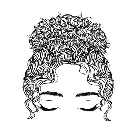 Woman with stylish classic bun with perfet eyebrow shaped and ful. Illustration of business hairstyle with natural long hair. Hand-drawn idea for gretting card, poster, flyers, web, print for t-shirt.のイラスト素材