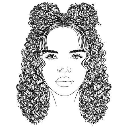 Black African American girl woman beautiful lady head face vector silhouette drawing illustration with curly hair isolated on white background.のイラスト素材