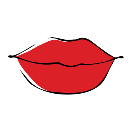 Cartoon red glossy female lips. lip line drawing. Woman gloss lipstick pattern. Flat vector icon. Kiss smile or girl mouth. Mouth talking talk speaking. sexy or love.のイラスト素材