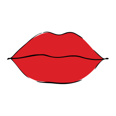 Cartoon red glossy female lips. lip line drawing. Woman gloss lipstick pattern. Flat vector icon. Kiss smile or girl mouth. Mouth talking talk speaking. sexy or love.のイラスト素材