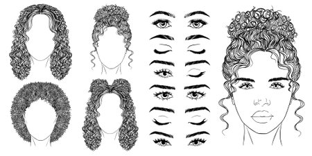 Girl face construction, avatar creation with different head parts isolated on white background. Vector cartoon set of young womanのイラスト素材