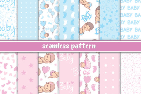 Set of baby shower seamless patterns. Perfect for baby shower invitations, scrapbooking, wallpaper, gift wrap.の写真素材