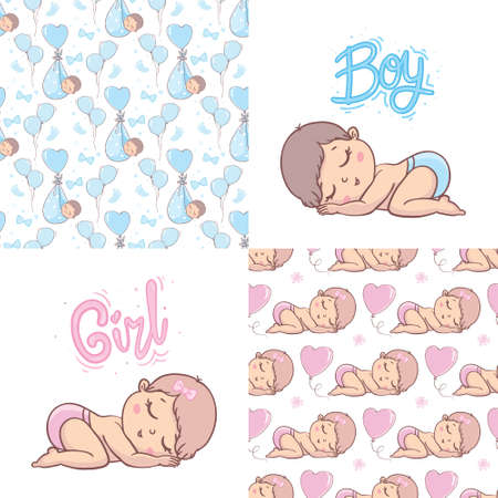 A set of ready-made designs for newborns. This is a boy. It's a girl. Vector illustration. Set of postcards and backgrounds.のイラスト素材