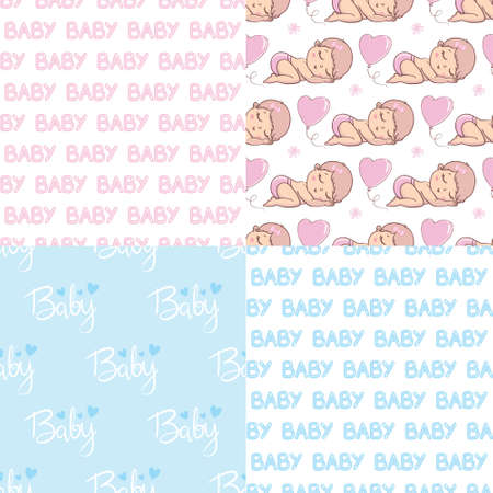 A set of ready-made designs for newborns. This is a boy. It's a girl. Vector illustration. Set of postcards and backgrounds.のイラスト素材