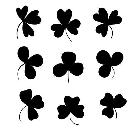 collection of clover, St. Patrick's day icons isolated on white. black silhouette shapeのイラスト素材