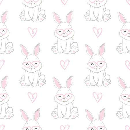 seamless background. white rabbits. Pattern for valentine's day, easter and mother's day. cute cartoon characters. This is an illustration of a white rabbit greeting in the year of the rabbit 2023.のイラスト素材