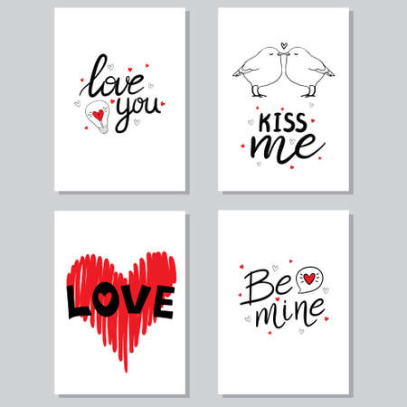 Set of greeting cards for Valentine's Day. Vector collection with brush lettering and hand written elements.のイラスト素材
