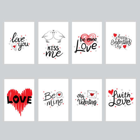 Set of greeting cards for Valentine's Day. Vector collection with brush lettering and hand written elements.のイラスト素材
