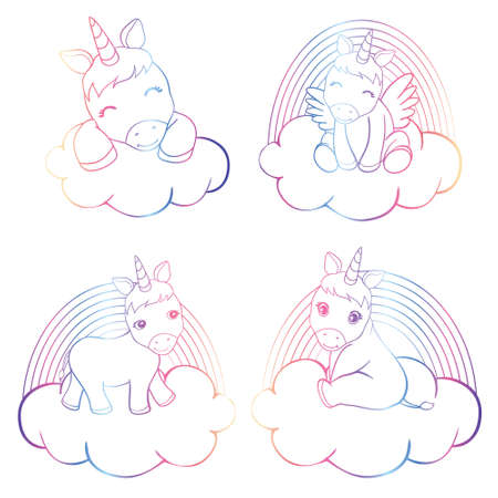 Cute Cartoon Unicorn isolated on white background. Vector illustration for coloring booksのイラスト素材