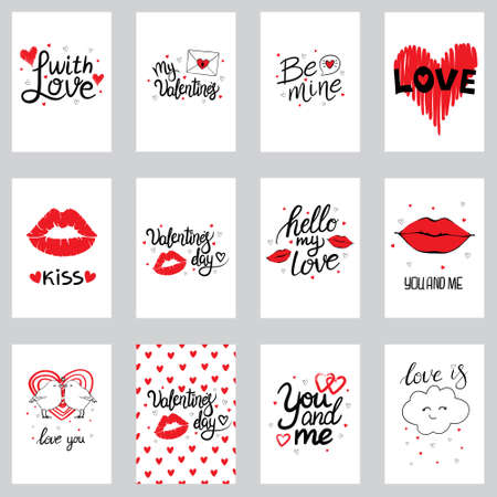 Set of greeting cards for Valentine's Day. Vector collection with brush lettering and hand written elements.のイラスト素材