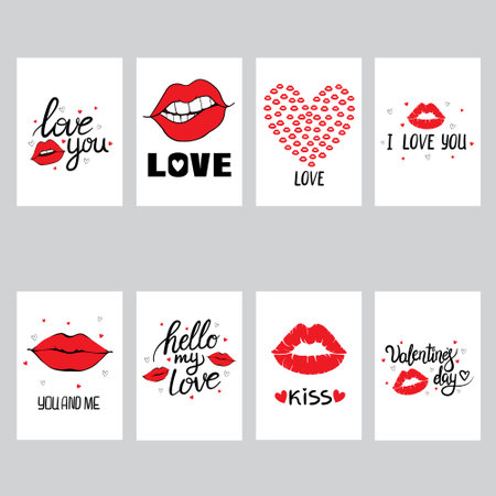 Set of greeting cards for Valentine's Day. Vector collection with brush lettering and hand written elements.のイラスト素材