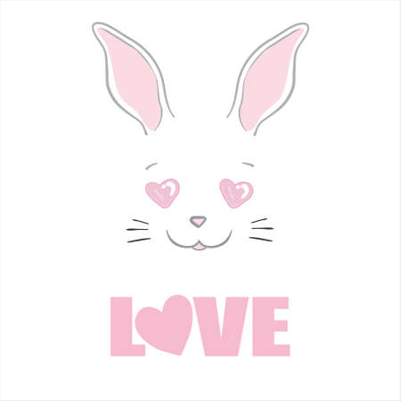 Valentine's day card with Kawaii bunny. animal wildlife character. Small lovely rabbit holds love heart. Valentine's day illustration.のイラスト素材