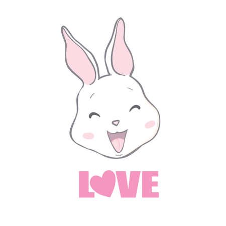 Valentine's day card with Kawaii bunny. animal wildlife character. Small lovely rabbit holds love heart. Valentine's day illustration.のイラスト素材