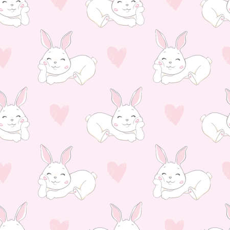 seamless background. white rabbits. Pattern for valentine's day, easter and mother's day. cute cartoon characters. This is an illustration of a white rabbit greeting in the year of the rabbit 2023.のイラスト素材