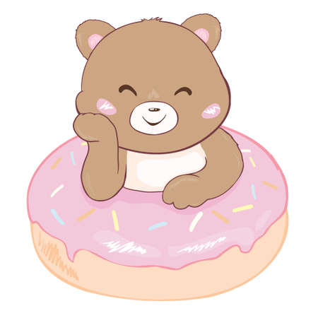 Cute Cartoon Teddy Bear with donut on a white background. Vector illustration.のイラスト素材