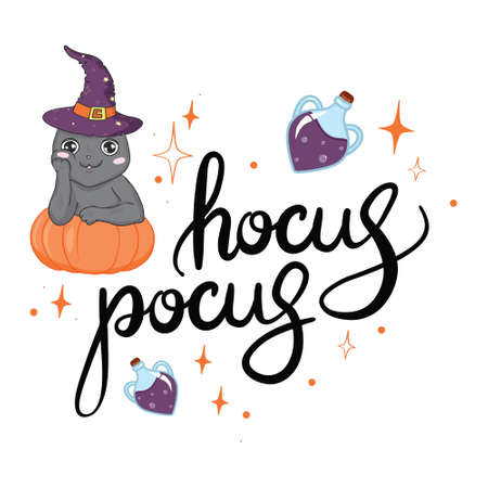 Happy Halloween greeting card with cute black cat and spooky pumpkin wear witch hat. Animal holiday cartoon character. Vector.のイラスト素材