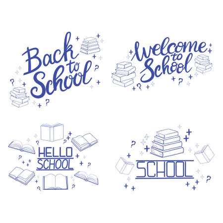 Set of school supplies composition. Back to school lettering. Children's subjects for study. Vector illustration in a flat style on a white background. All objects are isolatedのイラスト素材