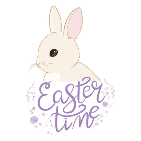 Happy easter with white rabbit and lettering. creative design for banner, greeting card, or social media post.のイラスト素材