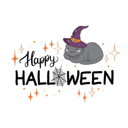 Happy Halloween greeting card with cute black cat and spooky pumpkin wear witch hat. Animal holiday cartoon character. Vector.のイラスト素材