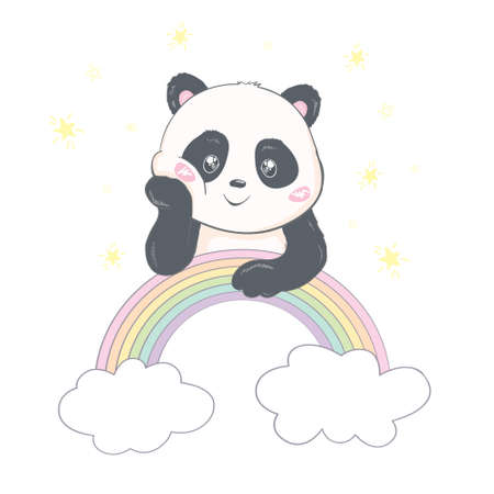 Hand drawn Cute Panda unicorn and rainbow vector illustration, Childish print summerのイラスト素材