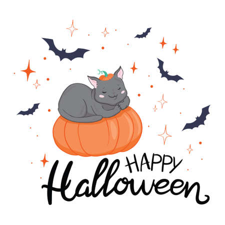 Happy Halloween greeting card with cute black cat and spooky pumpkin wear witch hat. Animal holiday cartoon character. Vector.のイラスト素材