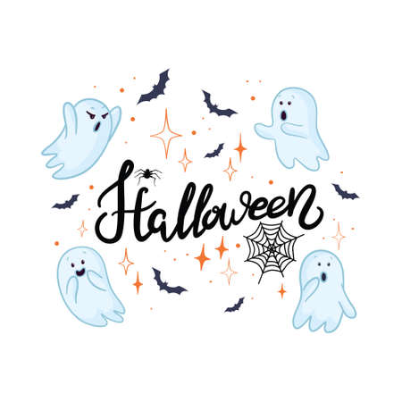 flying ghost spirit. Happy Halloween. scary white ghosts. Cute cartoon spooky character. Smiling face, hands. greeting card. flat design. vector illustrationのイラスト素材